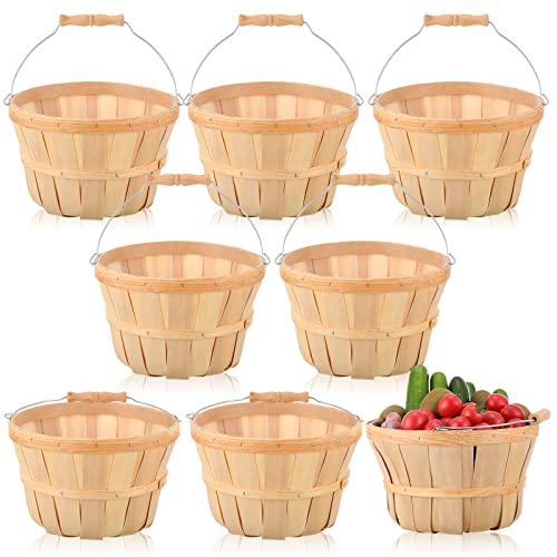 8 Pcs Round Wooden Basket, Easter Egg Basket Harvest Basket Garden Basket Food Service Display Baskets Wood Fruit Buckets with Handle for Storage Organizing Garden Wedding Party Favors