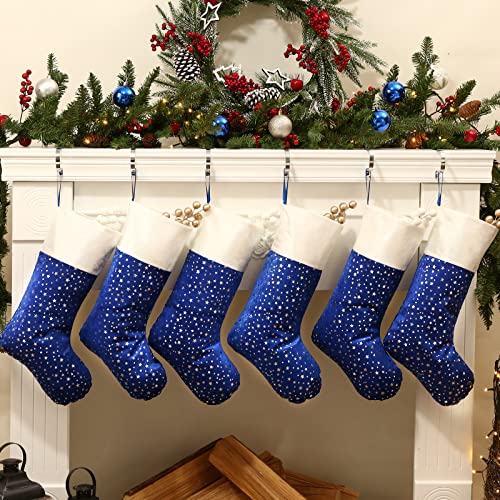 LimBridge Christmas Stockings, 6 Pack 18 inches Glitter Golden Star Print with Plush Cuff, Classic Stocking Decorations for Whole Family, Blue and Silver