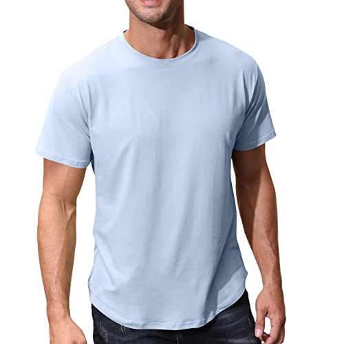 Lexiart Men's Short Sleeve Workout Shirts Quick Dry Athletic Gym Slim Fit Cotton Crewneck Shirts Light Blue