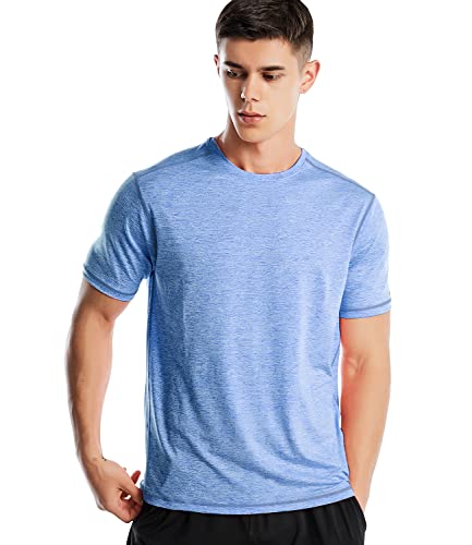 Mens Running Shirts Short Sleeve Quick Dry Athletic Fit Gym Workout Tshirt Sports Performance Tee Shirt(S,Marled Sky Blue)