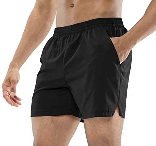 MIER Men's Workout Running Shorts Quick Dry Active 5 Inches Shorts with Pockets, Lightweight and Breathable, Black, L