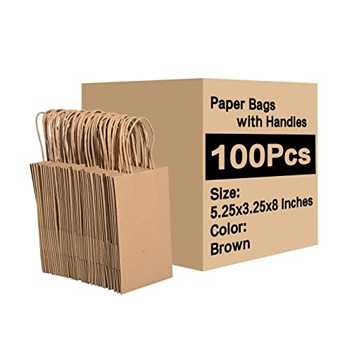 Brothersbox Small Brown Paper Bags with Handles 100PCS Kraft Paper Bags with Handles Paper Gift Bags Bulk, 5.25*3.25*8 Inch Kraft Bags with Handles for Birthday Party Grocery Retail Shopping Business