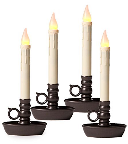 Set of 4 AA Battery Operated Window LED Candle Lamps, Auto Timer, Long Lasting Yellow Flame Bulbs Never Need Replacing, Plastic Construction, Home Accents Holiday Lights, Bronze Base, 9 1/2 H