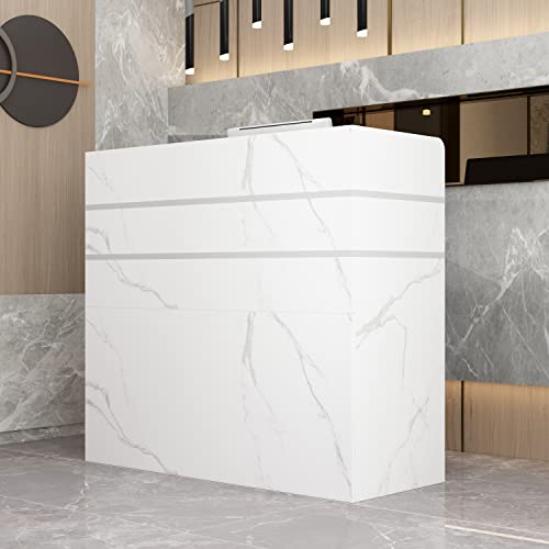 DiDuGo Reception Desk Counter Desk for Checkout & Retail, Front Counter Table with Large Storage, Silver Tapes, for Office Boutique Spa Marble White (47.3W x 18.3D x 43.3H)