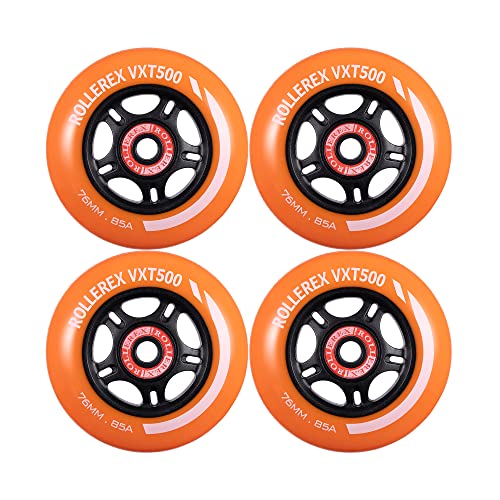 Rollerex VXT500 85A Inline Skate Wheels (4-pack w/bearings, spacers & washers) (Size & Color Options) -Indoor Outdoor- Intended for Roller Blade Wheel Replacement (76mm, Sunrise Orange)