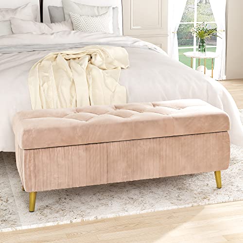 AWQM Tufted Storage Ottoman Bench,Velvet Upholstered Storage Bench with Button,Flip top,Perfect for Living Room,Entryway,Bedroom,47.24", Light Pink