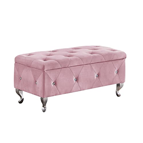 Storage Ottoman Bench, Velvet Upholstered Ottoman Flip Top Entryway Bench Seat with Safety Hinge, Storage Chest with Padded Seat, Luxury Shoe Bed End Stool for Hallway Living Room Bedroom (Pink)