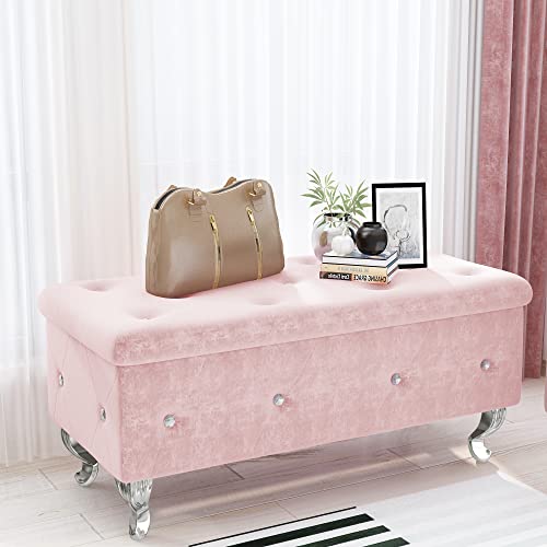 AWQM Upholstered Storage Ottoman, Luxury 37.4 Inch Storage Bench with Button Tufted and Safety Hinge, Flip Top Footrest Bench for Bedroom, Living Room and Entryway, Pink