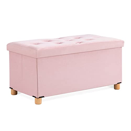 BRIAN & DANY Foldable Storage Ottoman, Flannelette Footrest StoolSeat Cube with Wooden Feet and Lid, 30"x 15"x 15", Pink