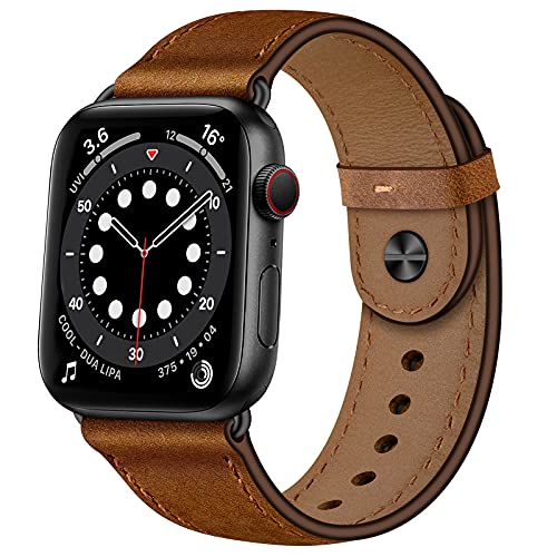 OUHENG Compatible with Apple Watch Band 49mm 45mm 44mm 42mm 41mm 40mm 38mm, Genuine Leather Bands Strap for iWatch Ultra SE2 SE Series 8 7 6 5 4 3 2 1 (Retro Brown/Black)