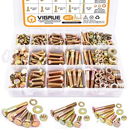 VIGRUE 467PCS Heavy Duty Bolts and Nuts Assortment Kit, Grade 8 1/4-20 5/16-18 3/8-16 Hex Bolts Nuts Washers Set, Includes 15 Most Common SAE Sizes, Length 1/2" to 2"