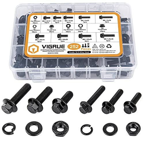 VIGRUE 252Pcs M6-1.0 M8-1.25 Flange Hex Head Bolts Nuts Washers Kit(12mm to 30mm) Class 10.9 Alloy Steel Black Zinc Plated Metric Flanged Hex Screws Assortment Full Coarse Thread