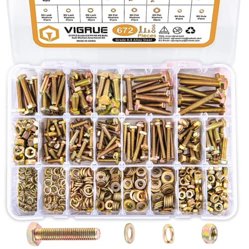 VIGRUE 672PCS Grade 8.8 M4 M5 M6 Metric Bolts Nuts Assortment, Heavy Duty Hex Head Metric Nuts and Bolts Assortment Kit, 13 Metric Sizes Included