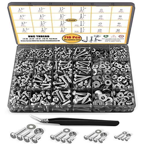LJINGE 710Pcs Nuts and Bolts Assortment Kit, 4-40#6-32#8-32#10-24 Phillips Pan Head Assortment Stainless Steel Bolts Nuts Flat Washers Nuts Bolts with Case (Black)