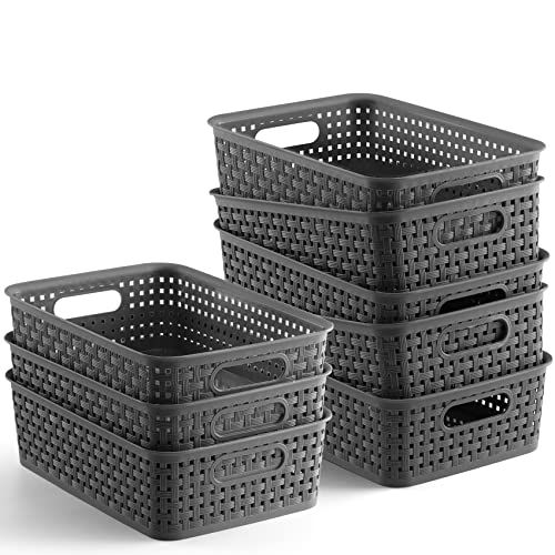 NETANY [ 8 Pack ] Plastic Storage Baskets - Small Pantry Organization and Storage Bins - Household Organizers for Laundry Room, Bathrooms, Bedrooms, Kitchens, Cabinets, Countertop, Under Sink or On Shelves,Gray