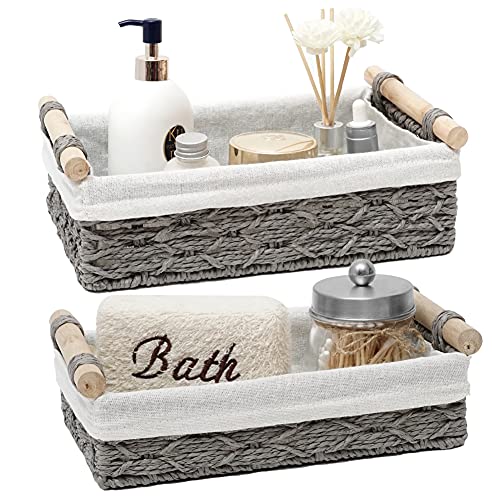 DUOER Round Paper Rope Storage Basket Wicker Baskets for Organizing with Handle Decorative Storage Bins for Countertop Toilet Paper Storage Basket for Toilet Tank Top Small Baskets Set (Set of 2,Grey)