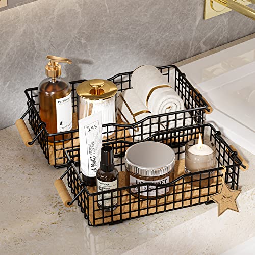 Metal Wire Basket Storage, Bathroom Basket for Organizing, Bathroom Counter Organizer with Wooden Handles, Farmhouse Bathroom Decor Tray, Toilet Paper Basket Storage (Set of 2, Black)