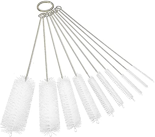 8 Inch Nylon Tube Cleaning Brush Set, (White Variety Pack), 10 Piece Kit, Long Deep Cleaning Brushes with Flexible Handles for Bottles, Straws, Pipes, Keyboards, Glass, Guns and Detailing, Heavy Duty