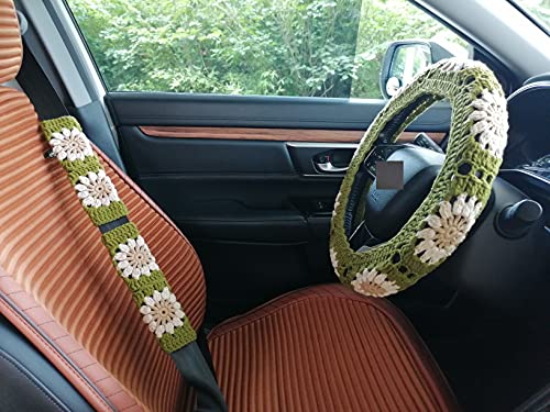 YDM Handmade Crochet,Sunflower Crochet,Steering Wheel Cover for Women Girl (Steering Wheel Cover+2 Belt Cover)