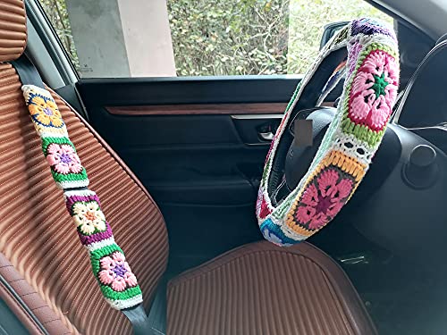 YDMCrochet Sunflower Crochet,Galsang Flower Steering Wheel Cover for Women Girl (Steering Wheel Cover+2 Seatbelt Covers)