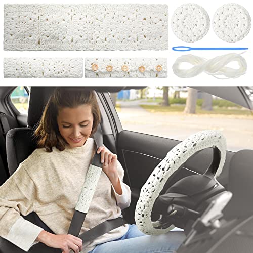 5 Pcs Crochet Steering Wheel Cover with 2 Crochet Belt Covers 2 Pcs Crochet Car Mats 1 Pcs Sunflower Steering Wheel Cover Handmade Crochet Flower Steering Wheel Cover for Women Girl (White)