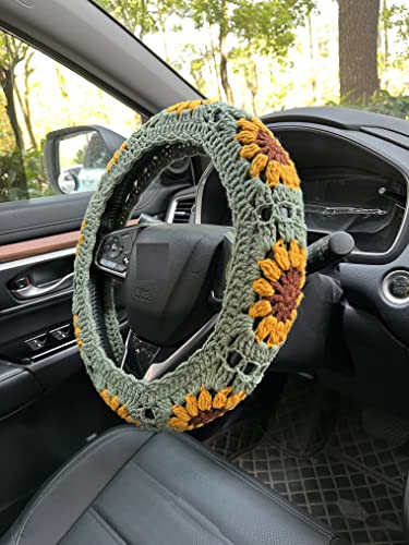 Handmade Crochet Sunflower Flower Car Steering Wheel Covers Universal 14-15 inch for Women and Men (Steering Wheel Cover)