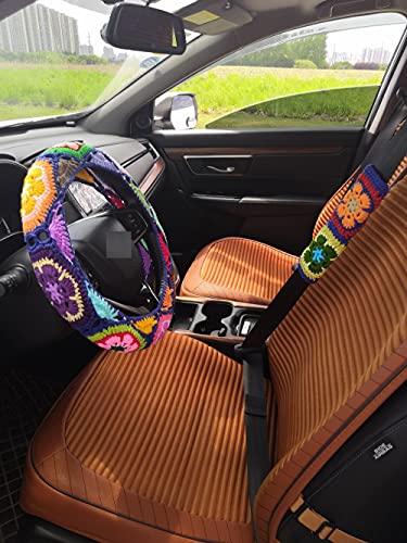 Crochet Steering Wheel Cover,Galsang Flower Crochet Steering Wheel Cover,Car Steering (Steering Wheel Cover+2 Belt Cover)