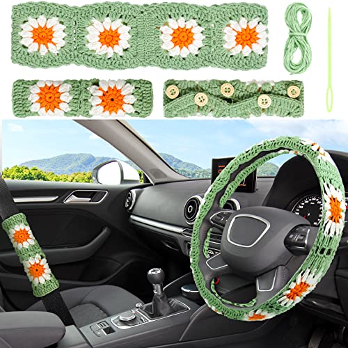 Tallew 2 Pcs Crochet Steering Wheel Cover with Crochet Belt Cover Sunflower, Handmade Crochet Flower Steering Wheel Cover for Women Girl Cars