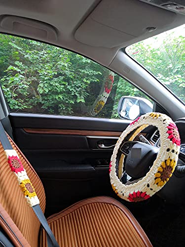 YDM Car Steering Wheel Cover,Crochet Steering Wheel Cover,Sunflower Crochet Steering Wheel Cover (Steering Wheel Cover+2 Belt Cover)