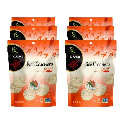 KA-ME Gluten-Free Sesame Rice Crackers 3.0 oz/Pouch, Pack of 6, Asian Ingredients and Flavors, Gluten Free Crackers, No Artificial Flavors/Colors, Non GMO Snacks, Served with Asian Salmon, Cream Cheese, Egg & Tuna Salad, Asian Guacamole, Hummus & More