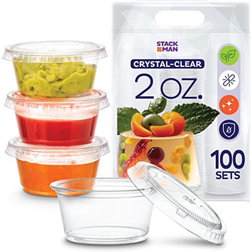 Mini Plastic Souffle Cups with Lids [2 oz - 100 Sets] Jello Shot Cups - 2oz Cup, Small Condiment & Snack Containers - Disposable 2 Ounce Plastic Portion Glasses & Lid for Sauce Dressing or Shots