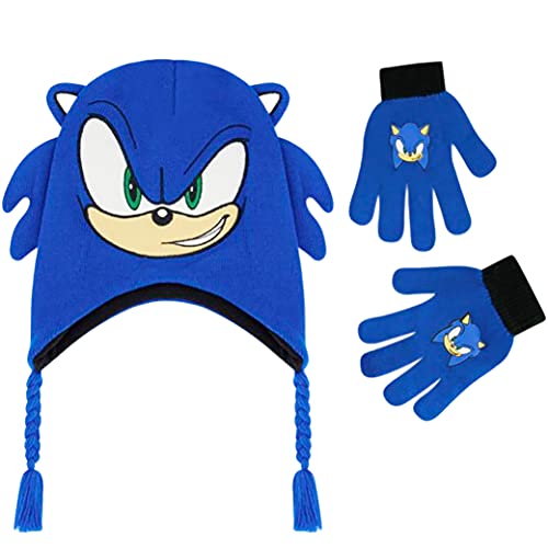 Concept One Sonic The Hedgehog Beanie Hat and Glove Set, Kids Knitted Winter Hat and Gloves, Tassels, Blue, One Size