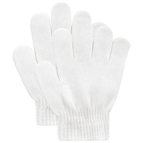 Doovid Kids Knit Gloves Full Fingers Winter Gloves for Little Boys Girls Stretchy Warm Magic Gloves Age 5-11 White One Size