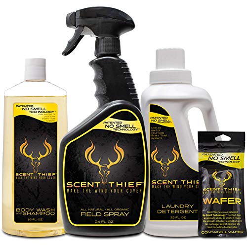 Scent Thief Hunting Scent Eliminator Trophy Pack, Includes 24oz Field Spray, Scent Free Laundry Detergent, Hunting Body Wash & Shampoo, and Scent Blocker Wafer