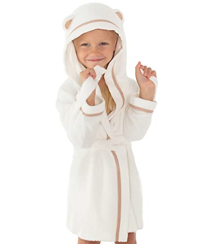 Premium Soft Bath Robe for Toddlers Babies Kids - Organic Bamboo Toddler Robe with Hood - Girls Robe Boys Robe Baby Robe (12-24 Months, White)