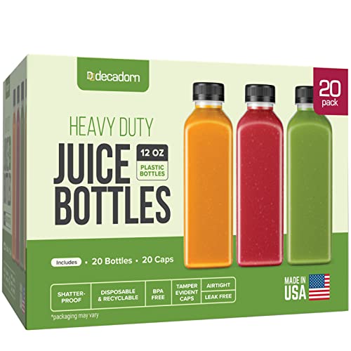 DECADORN 12oz Plastic Juice Bottles For Juicing - 20 Pack Plastic Bottles With Caps - MADE IN USA Juicing Bottles Reusable With Lids - Juicer Bottles With Tamper Evident Caps - Juice Containers