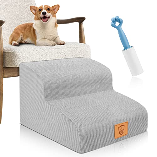 TNELTUEB High Density Foam Dog Stairs 2 Tiers, Extra Wide Deep Dog Steps, Non-Slip Dog Ramp, Soft Foam Pet Steps, Best for Dogs Injured,Older Cats,Pets with Joint Pain, with 1 Lint Roller (Grey)