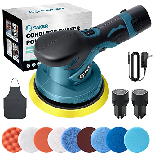 Saker Cordless Car Buffer Polisher - 6 Inch Portable Polishing Waxer Machine Kit for Car Detailing, with 2PCS 12V 2000mAh Batteries, Extra 10 PCS Attachments