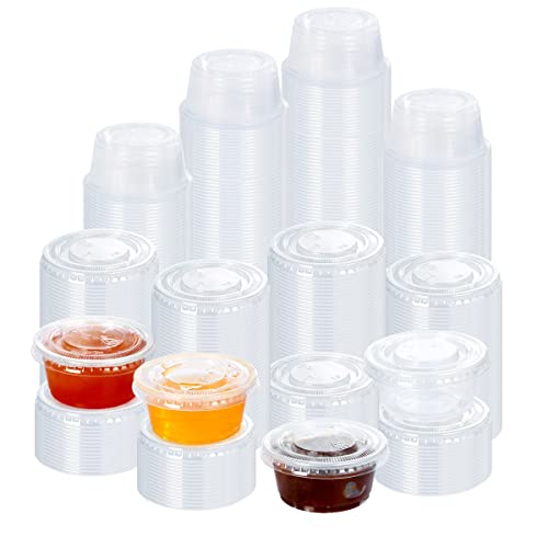 BHYTAKI Jello Short Cups, 200 Sets - 2 oz Disposable Plastic Portion Cups with Lids, Souffle Cups, Clear Plastic Containers With Lids, Condiment Cups, Sauce Cups,Disposable Souffle Cups.(2 oz)