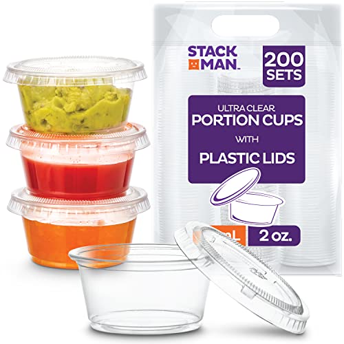 [200 Sets - 2 oz.] Small Plastic Containers with Lids, Jello Shot/ Condiment Cups, 2oz Dipping Sauce & Salad Dressing Container, Disposable Mini Portion Souffl, Ramekins, Pudding Cup