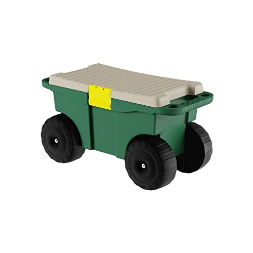 Garden Cart Utility Wagon  Rolling Storage Bin with Bench Seat and Interior Tool Tray  Gardening Stool for Weeding and Planting by Pure Garden, Dark Green/Black/Grey