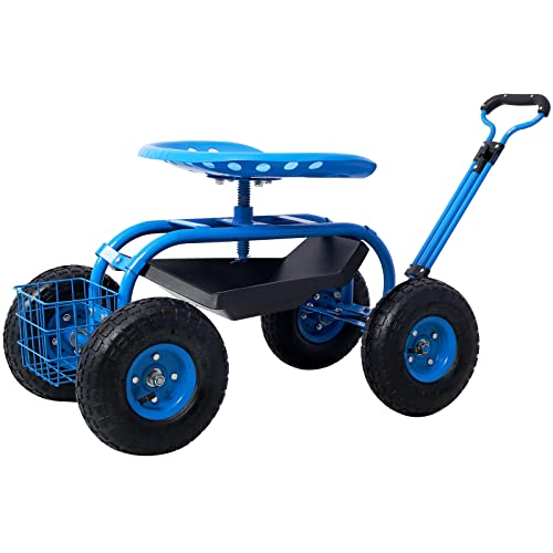 Gardening Workseat - Rolling Garden Cart Work Seat with Swivel Seat, Basket, Handle, and 4 Wheels for Easy Planting (Blue)