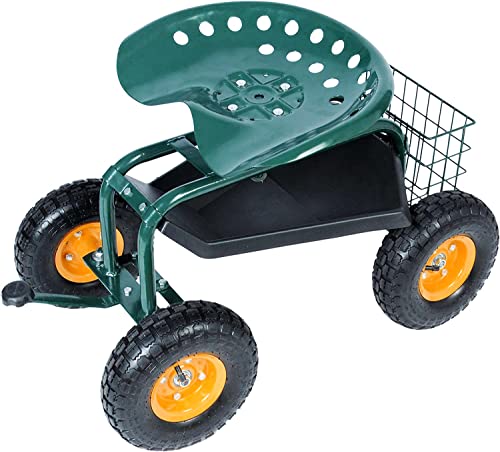 KARMAS PRODUCT Steerable Rolling Work SeatGarden Stool Cart with Tool Trayand Storage Basket Heavy Duty Scooter Green