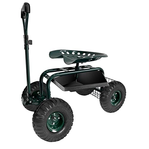 VIVOSUN Rolling Garden Cart, 4-Wheel Garden Work Seat with Storage Basket, Height-Adjustable Swivel Seat and Extendable Steer Handle, 300-Pound Capacity for Outdoors, Lawns, and Yards, Green