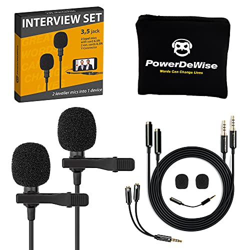 PowerDeWise Professional Grade 2 Lavalier Clip-On Microphones Set for Dual Interview - Double Lav Lapel Microphone - Use for iPhone Phone Camera - Blogging Video Recording Noise Cancelling 3.5mm Mic