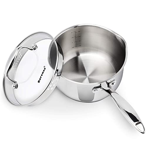 Rorence Stainless Steel Sauce pan: Saucepan with Pour Spouts, Capsule Bottom & Tempered Glass Lid - 2.5 Quart