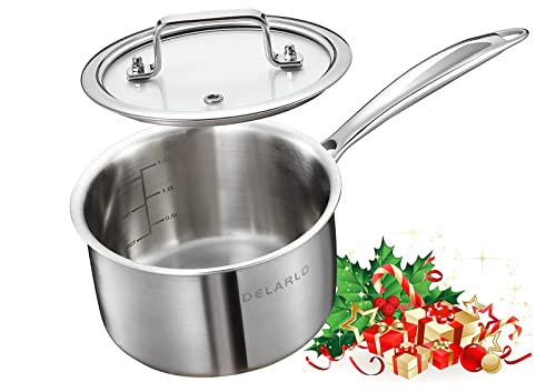 DELARLO Tri-Ply Stainless Steel Small Saucepan With Lid, Induction Cooking Sauce Pot Sauce Pans, 18/8 Heavy Bottom Saucier Pot Cookware, Dishwasher Safe & Oven Safe(2.5 Quart)