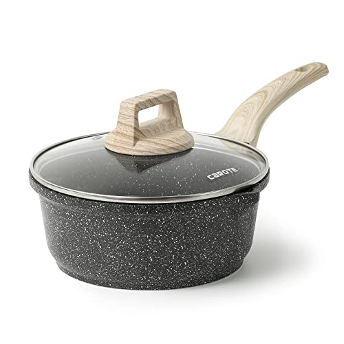 CAROTE 2.5 Qt Saucepan with Lid, Small Nonstick Sauce Pot with Lid, Cooking Sauce Pan with Pour Spout PFOA FREE