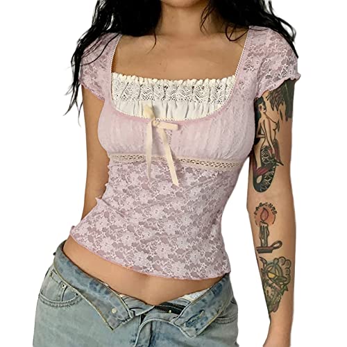 Women Fairy Grunge Crop Top Coquette Aesthetic Clothes Gyaru Vintage Lace Short Sleeve Y2k Shirt Trendy Patchwork T-Shirt (Small,G)