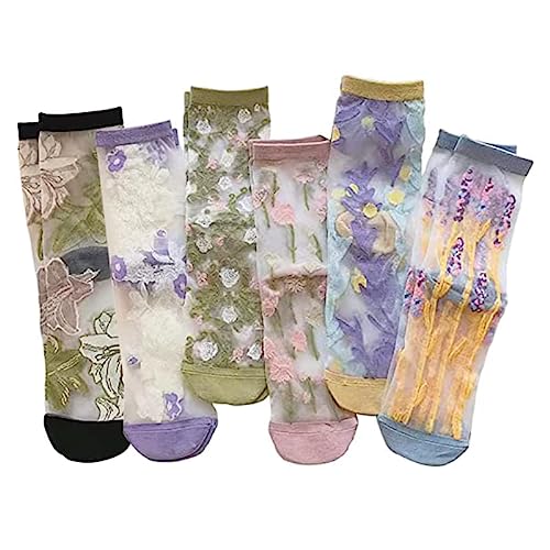 Alafime Coquette Aesthetic Socks Sheer Socks Mesh Socks Women 7 Pairs Kawaii Embroidered Florals Y2K Fulle Tube Socks (6pairs)